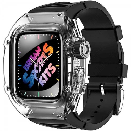 Curea din silicon pentru Apple Watch 7/ Apple Watch 8 de 45mm cu carcasa transparenta negru