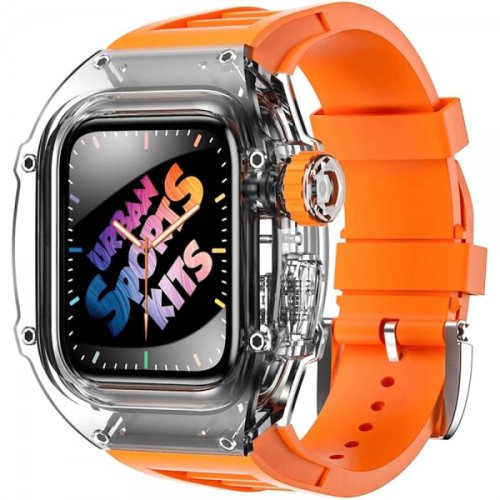 Curea din silicon pentru Apple Watch 7/ Apple Watch 8 de 45mm cu carcasa transparenta portocaliu