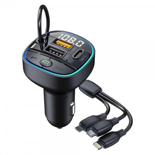 Modulator FM cu incarcator 3 in 1 Bluetooth 5.0 USB QC 3.1 USB 2.0 U-Disk Type-C PD Jack 3.5mm AUX preluare apeluri MP3 Player negru