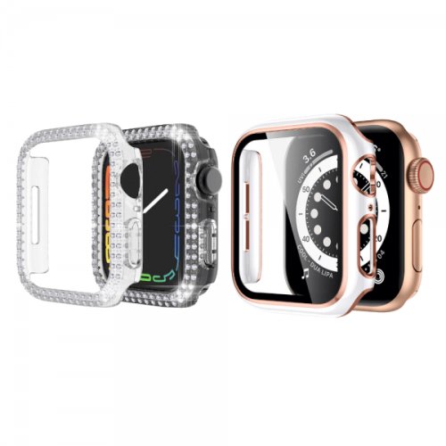 Set 2 huse pentru Apple Watch 7 Apple Watch 8 de 41mm tip rama din sticla securizata tip bumper model cu strasuri roz-alb transparent