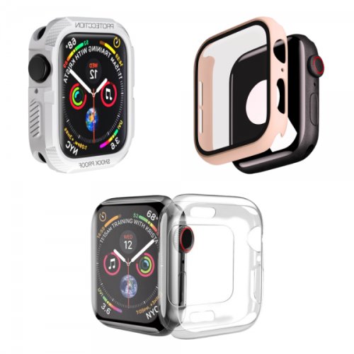 Set 3 huse pentru Apple Watch de 40mm tip rama din sticla securizata tip rama din silicon moale elecroplacat tip bumper din silicon roz alb transparent
