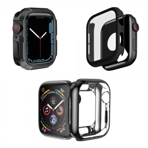 Set 3 huse pentru Apple Watch de 45mm tip rama din sticla securizata tip rama din silicon moale elecroplacat tip bumper din silicon negru