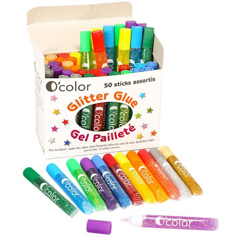 Ocolor - Set 50 flacoane lipici glitter in 12 culori asortate