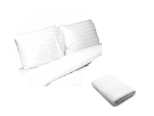 Somnart - Pachet 1 lenjerie de pat alba pentru 2 persoane, bumbac damasc 100%, 3 piese + 1 set 2 prosoape pentru fata, 50x90 cm, alb, bumbac
