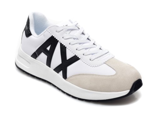 Pantofi sport ARMANI EXCHANGE alb-negru, XUX071, din material textil si piele intoarsa