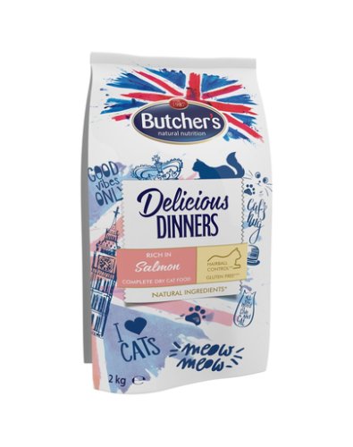 BUTCHER'S Delicious Dinners Cat, hrană uscată cu somon 2 kg
