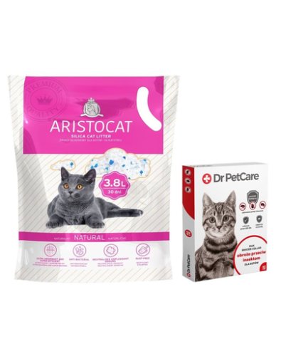 Dr PetCare MAX zgarda protectie pisici impotriva puricilor si a insectelor 42 cm + ARISTOCAT Nisip pentru litiera pisicilor, silica fara miros 3.8 L