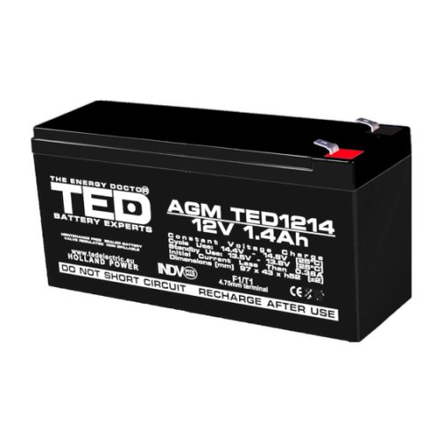 Acumulator AGM VRLA 12V 1,4A dimensiuni 97mm x 47mm x h 50mm F1 TED Battery Expert Holland TED002716 (20)