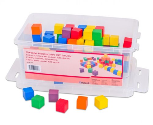 Jucaresti - Set de 100 de cuburi colorate din lemn în cutie transparentă din plastic