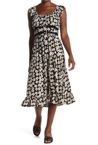 Imbracaminte Femei Angie Floral Button Front Ruffled Midi Dress BLACK