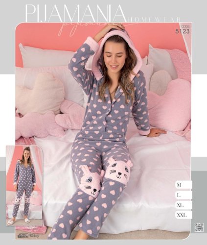 Pijama dama salopeta cocolino cu inimioare, roz/gri - cod SA17