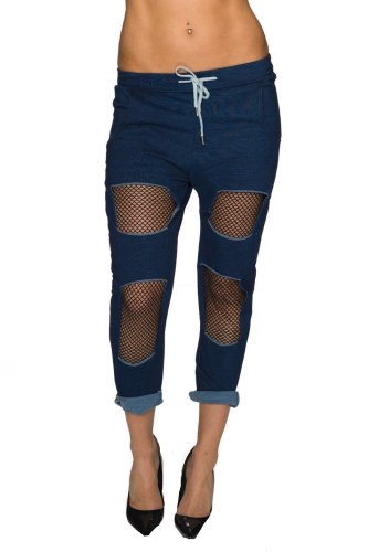 Pantaloni lungi casual model statement cu rupturi, albastri, marimea S/M