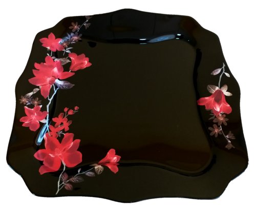 Infinity - Set 6 farfurii, negre cu flori rosii, intinse mari, patrate, opal, adanci, 25cm