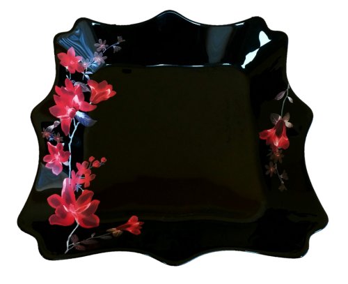 Infinity - Set 6 farfurii, negre cu flori rosii, opal, adanci, patrate, adanci, 20cm