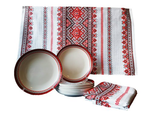 Set cadou traditional, farfurii si servete/prosoape 12 piese cu decor etnic
