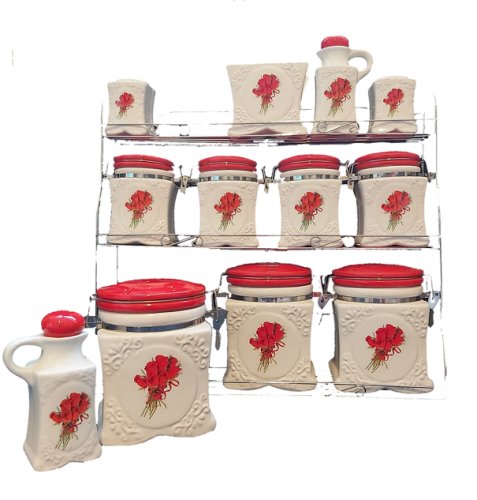 Set condimente, 12 piese ceramica, depozitare pentru cafea, zahar, ceai,condimente, suport metalic, cu trandafiri rosii