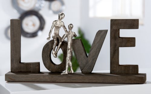 Decoratiune Love, Aluminiu Lemn, Maro Argintiu, 50x27x8 cm