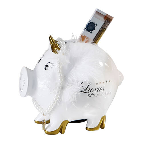 Pusculita Lady Pig, ceramica, alb auriu, 10x14x12 cm