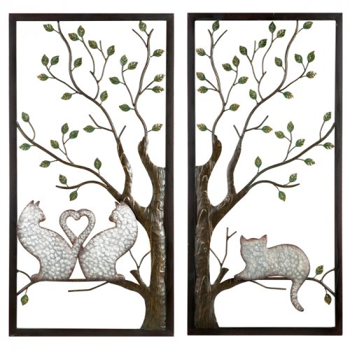 Set 2 decoratiuni de perete TREE OF CATS, metal, 40 x 2 x 80 cm