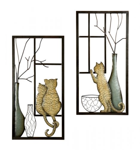 Gilde - Set 2 decoratiuni de perete vase and cat, metal, 40 x 2 x 80 cm