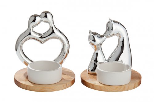 Gilde - Set 2 suporturi lumanare couple, portelan lemn, alb argintiu, 9,9 cm