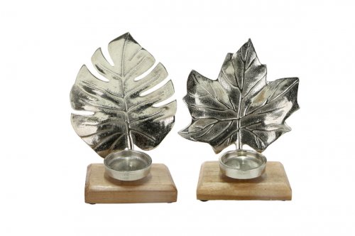 Set 2 suporturi lumanare Leaf, aluminiu lemn, maro argintiu, 12,5x8x23 cm