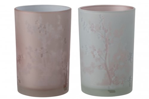 Set 2 suporturi lumanare Sakura, Sticla, Roz, 12x12x17.5 cm