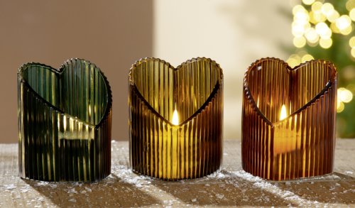 Set 3 suporturi lumanare Heart Cuore, sticla, verde galben 7,5x7x9 cm