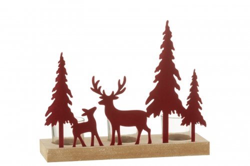 Suport lumanari 3 Reindeer+Christmas Tree, Metal Fier, Rosu, 25.5x19x8 cm