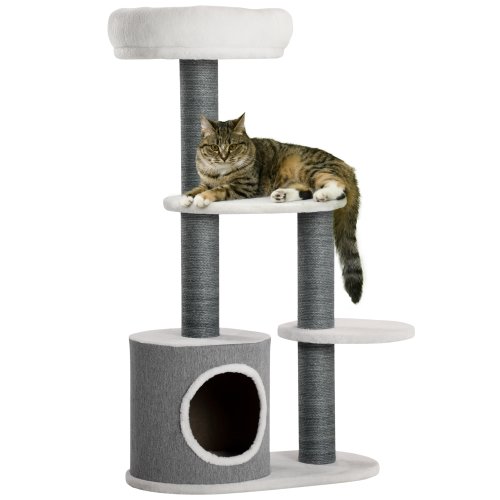 Ansamblu pentru pisici 98 cm de interior, Turn pentru pisici cu stalp de zgariat, casuta pentru pisici, pat, alb PawHut | Aosom RO