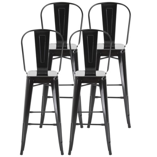 Homcom set 4 scaune in metal design insdustrial negru cu taburet de suprapus 44 x 53 x 116 cm