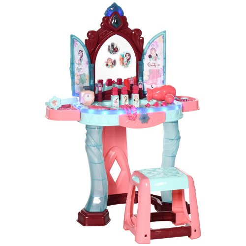HOMCOM Set de oglinda si masa cu design printesa magica, jucarie muzicala, set de frumusete, pentru 3-6 ani, albastru roz | AOSOM RO