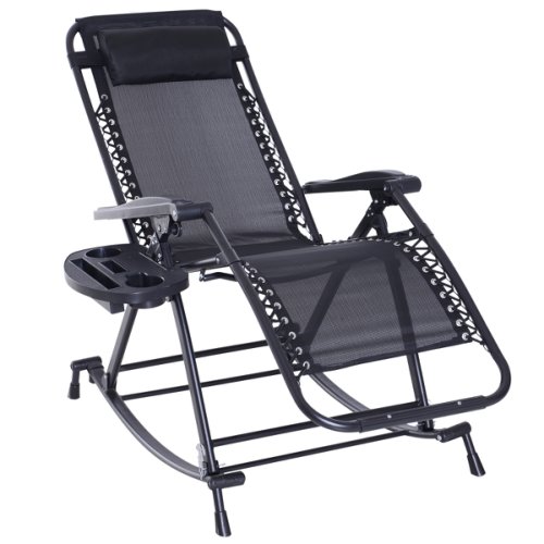 Outsunny scaun sezlong tip leagan rabatabil cu taburet si loc pentru pahar , negru, 120x67x102cm 