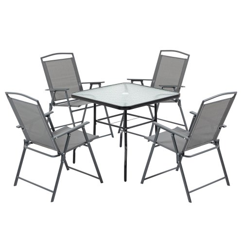 Outsunny set masa cu 4 scaune de gradina pliabile, set mobiler de gradina blat cu orificiu pentru umbrela din sticla tratata, negru