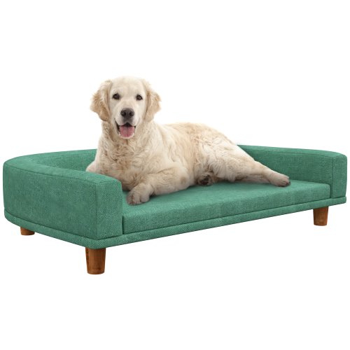 Pawhut canapea pentru animale de companie, pat inaltat cu perna moale, cadru din lemn, lounge cu instalare usoara, 98x67x25cm, verde | aosom ro