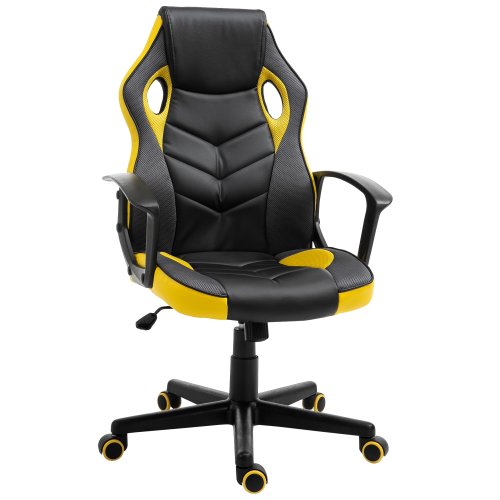 Vinsetto scaun de gaming fotoliu de birou rotativ cu roti din piele ecologica negru si galben, inaltime ajustabila