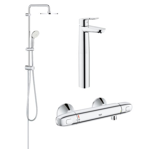 Pachet coloana dus Grohe New Tempesta 200, crom, montare pe perete, baterie termostat Grohtherm 1000 New, baterie lavoar montare pe blat Grohe Bauloop XL (27389002, 34143003, 23764000)