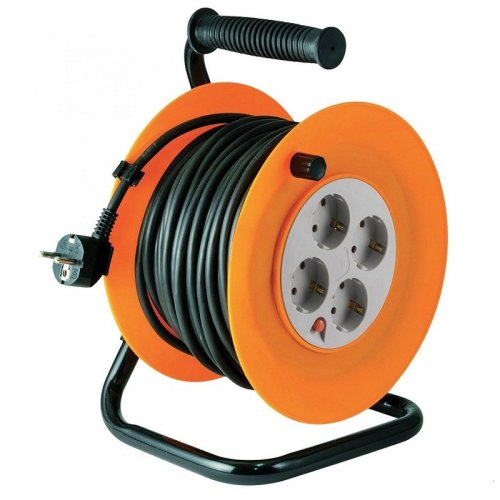 Prelungitor rola tip tambur, patru prize, cablu 3 x 1,0 mm2, negru, IP20 25 m