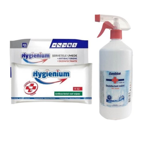 Pachet Hygienium Servetele umede dezinfectante maini 15buc, 48 buc + Saniblue dezinfectant maini 70% alcool 1L, avizat Ministerul Sanatatii
