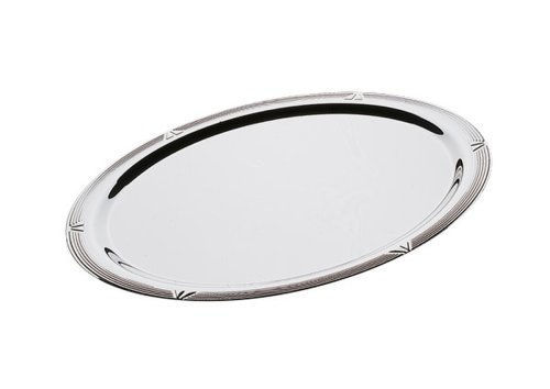 Tava inox, ovala, suprafata polisata cu aspect de oglinda, margine decorata, dimensiuni 500x360x26mm
