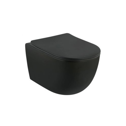 Set vas wc rimless suspendat, negru mat semirotund, cu capac soft close Foglia Oslo
