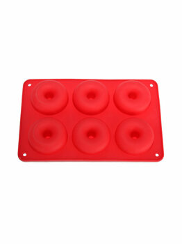 Forma de copt din silicon pentru 6 gogosi, termorezistenta pana la 230 grade c, 27.5 x 17.5 x 3 cm, tava copt donuts 6 cavitati de diam.7 cm, rosu, Quasar&co.