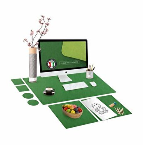 Set mapa birou family & friends pentru protectie birou, Unika, din piele pu cu 2 suporturi farfurie si 4 suporturi pahar, verde, 69 cm