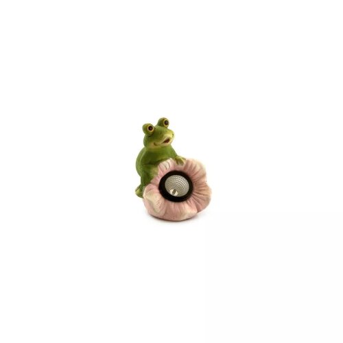 Gardenline - Decoratiune gradina, ceramica, lampa solara, broscuta cu floare roz, 14x13x18 cm