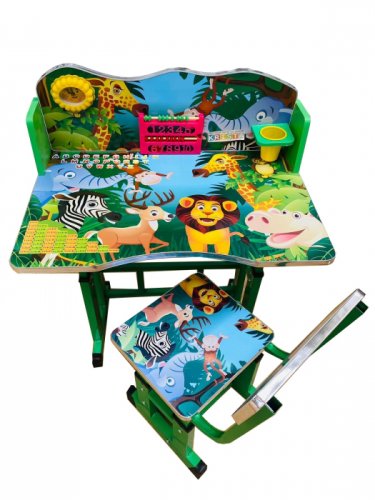 Birou cu scaun pentru copii, reglabile, cadru metalic si lemn, verde, Jungla B6 - Krista 