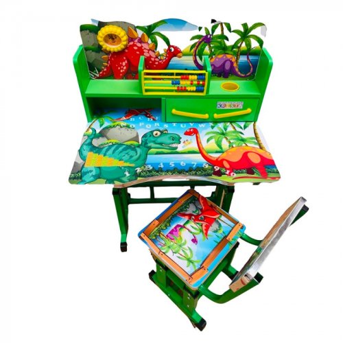 Birou mare cu scaun pentru copii, reglabile, cadru metalic si lemn, verde, Dinozauri B14 - Krista 