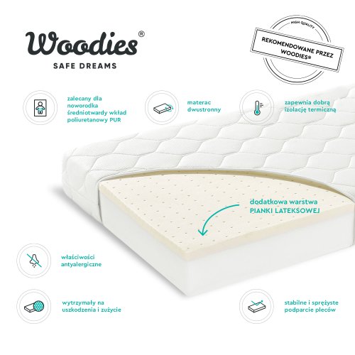 Woodies Safe Dreams - Saltea pentru copii premium cu fata dubla din spuma pur si latex 90x40x6.5 cm