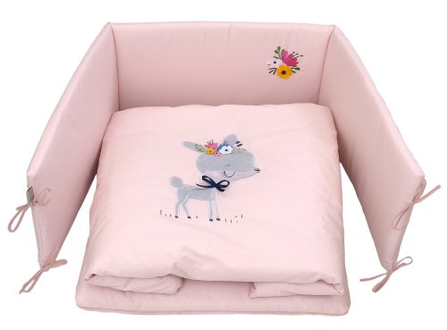 Set lenjerie din bumbac cu protectie laterala pentru pat bebelusi Deery Pink 120 x 60 cm