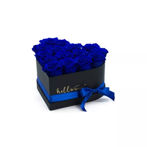 Aranjament floral cu 15 trandafiri de sapun in cutie, albastru
