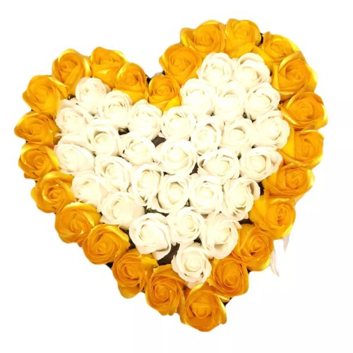 Aranjament Floral Trandafiri Sapun - Cutie Inima 53 Trandafiri Gold si Alb